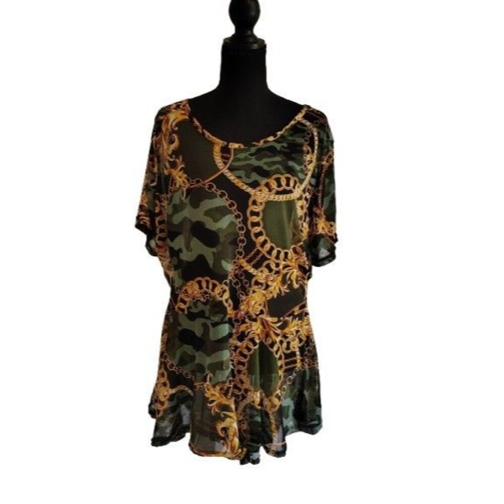 Jennifer Lauren Plus Size 2X Camo & Gold Baroque Chain Mesh Tunic Top